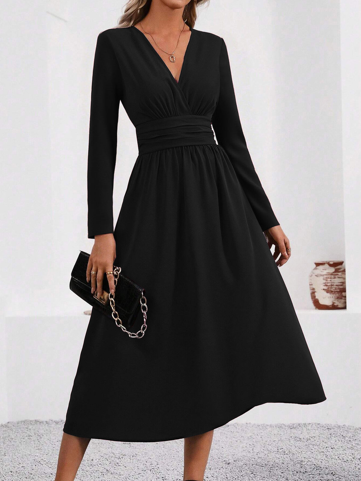 Long Sleeve Midi Dress — Surplice V Neck Pleated Style in Soft Woven Crepe