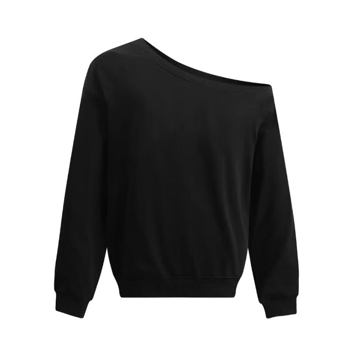 Black asymmetric one-shoulder sweatshirt, loose fit, long sleeves, rounded neckline