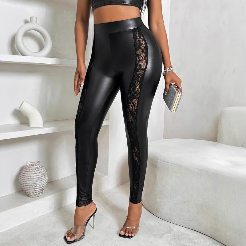 Lace Panel Faux Leather Leggings for Women — High Waisted with Sheer Floral Inserts