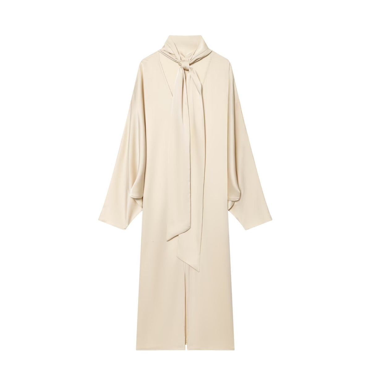 Cream satin kaftan maxi dress with high neck and bow-tie detail, batwing sleeves