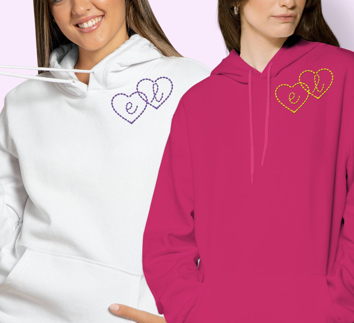 White and pink heart hoodies with stitched heart designs on the chest