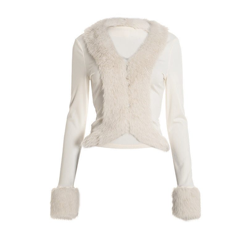 White faux fur cardigan flat lay, V-neck, open front, long sleeves with cuff trim