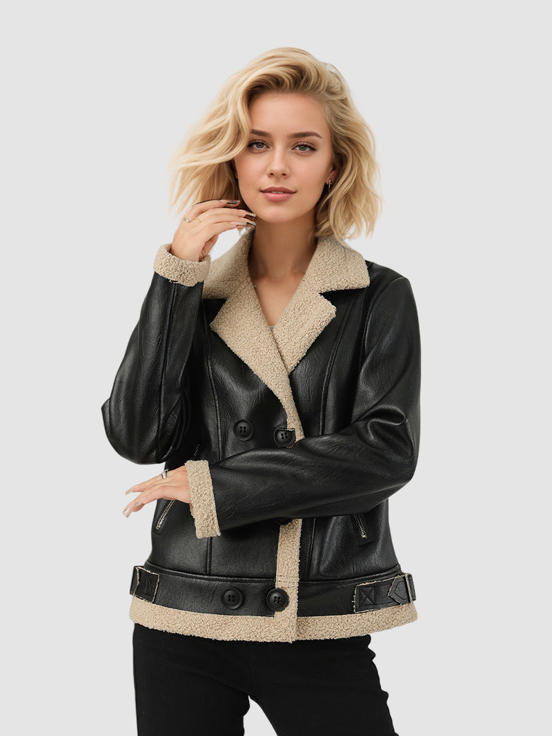 Faux Shearling Jacket for Women — Double Breasted Moto Style in Faux Leather