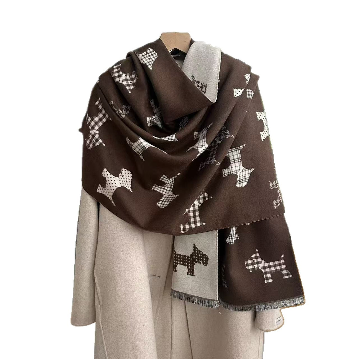 Dark brown shawl with dog motifs and fringed ends