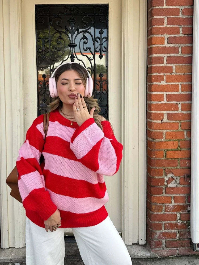 Striped Sweater for Women — Oversized Crew Neck Knit with Balloon Sleeves in Cotton