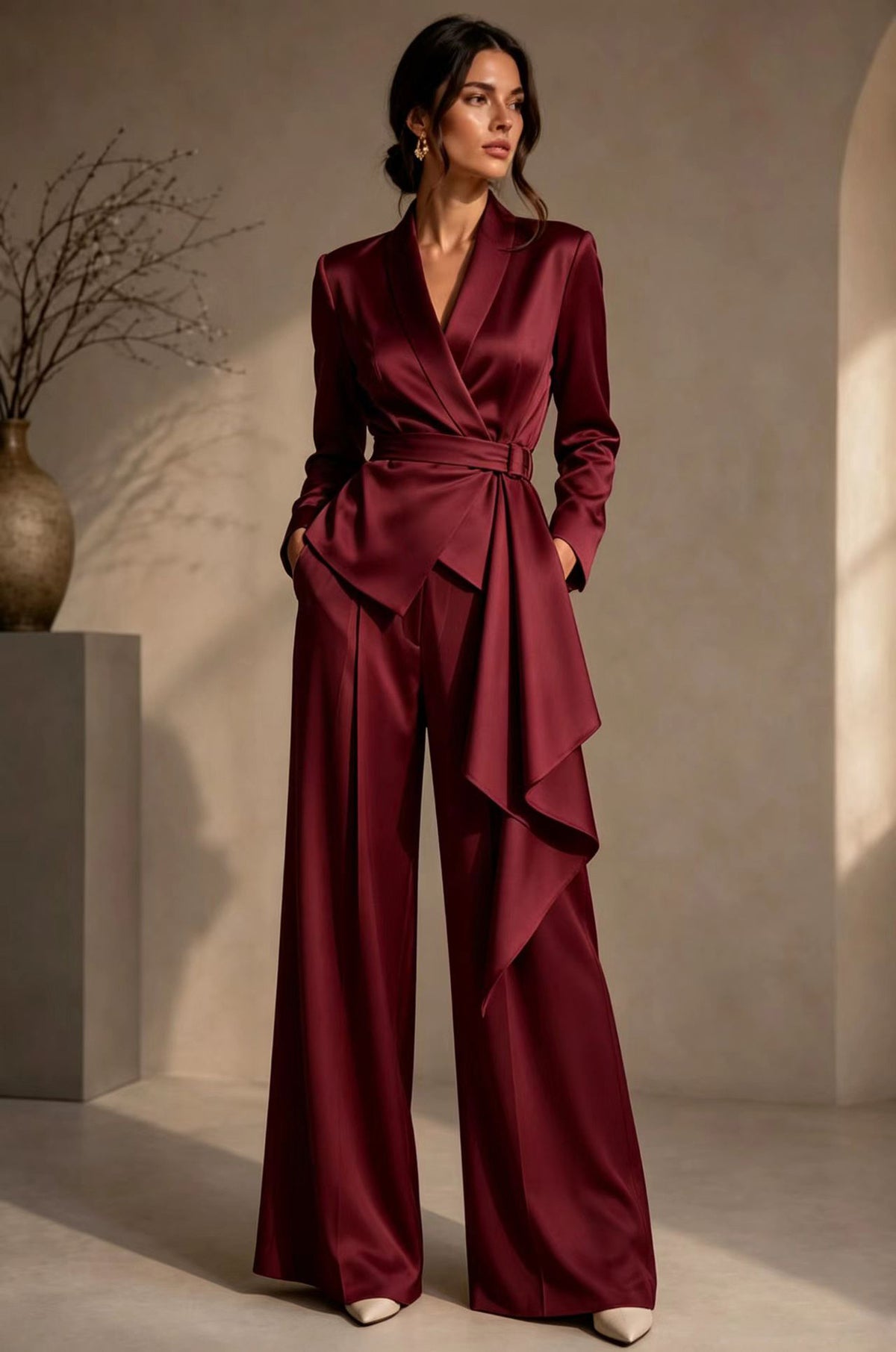 Women's crepe pant suit set in burgundy red, tie-waist wrap blazer with wide-leg trousers