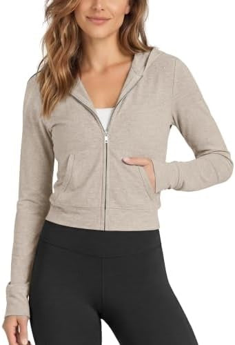 Women's hooded full-zip short hoodie, light beige with front zipper and kangaroo-style pocket