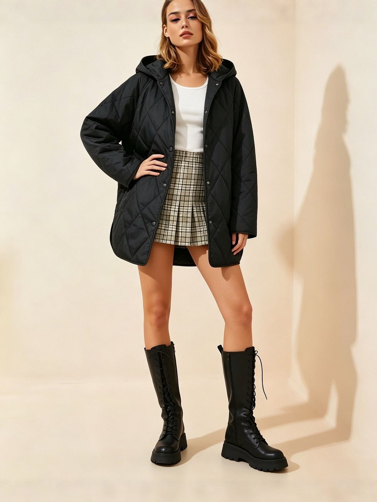 Black quilted hooded mid-length cotton coat with snap front, long sleeves, side pockets