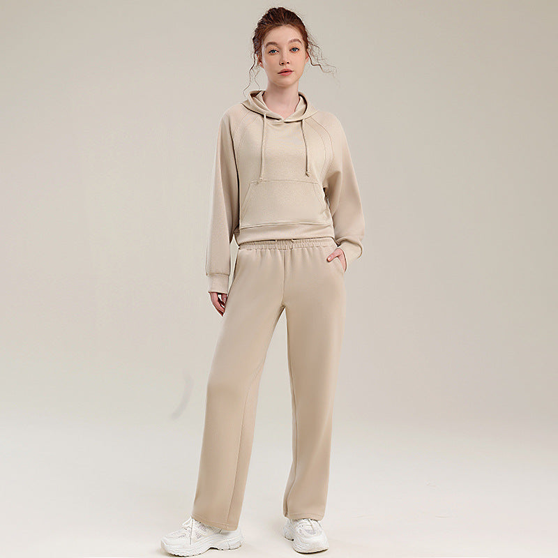 Khaki hooded sweatshirt and matching sweatpants set with drawstring hood and elastic waistband