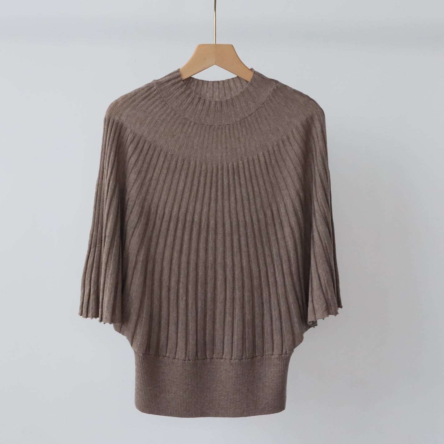 Short Sleeve Sweater for Women — Mock Neck Ribbed Knit with Batwing Sleeves in Soft Wool Blend
