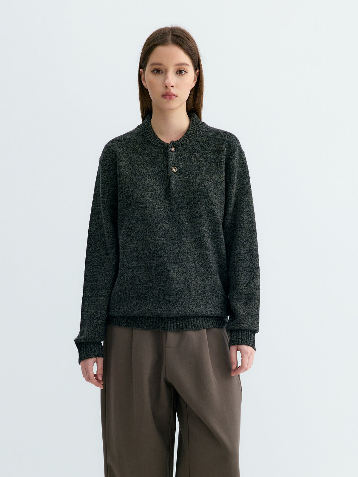 Wool knit baseball-collar sweater with two-button placket, dark gray knit