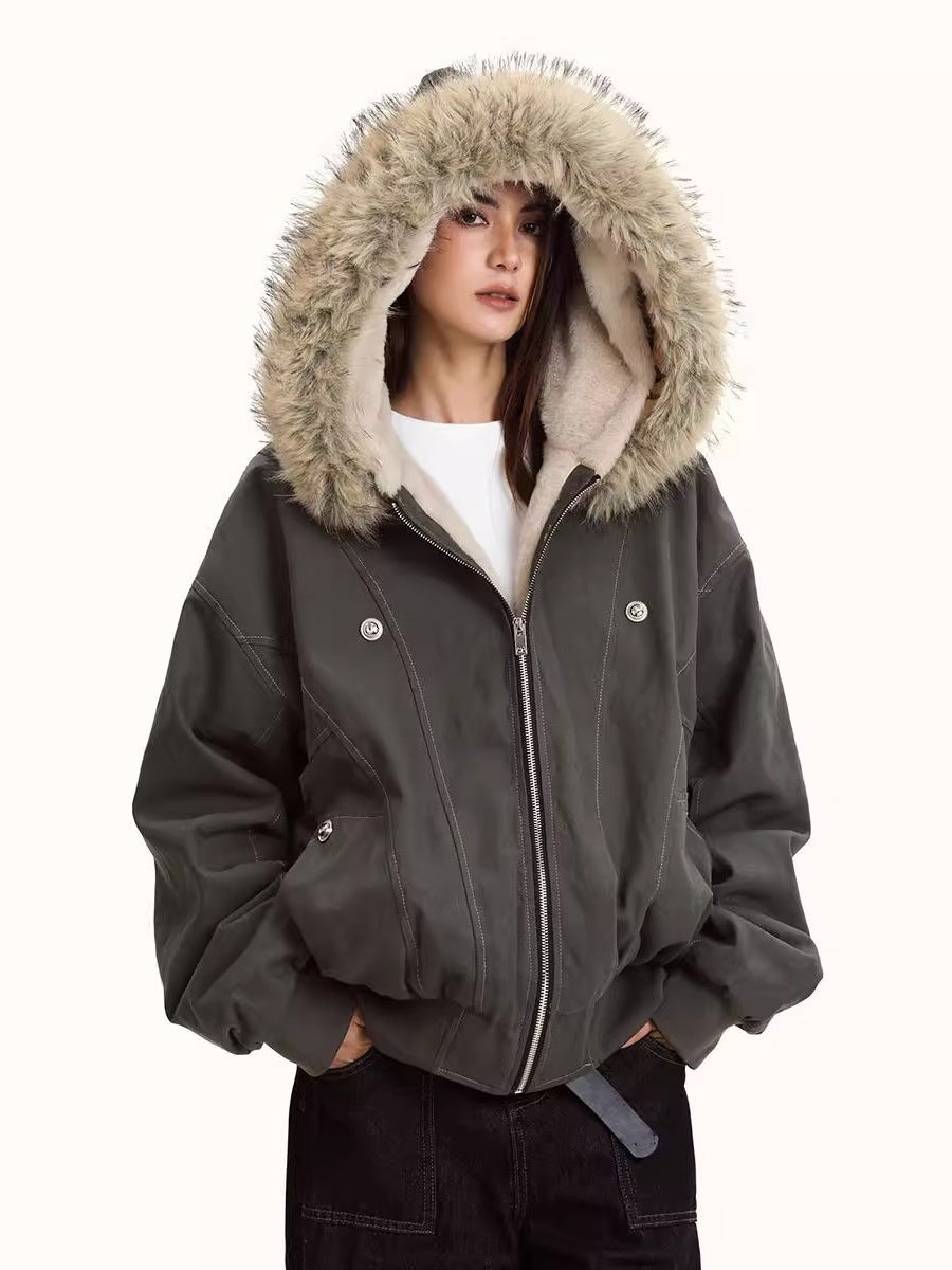 Men’s hooded cotton jacket with faux fur trim, full zip front, and side pockets