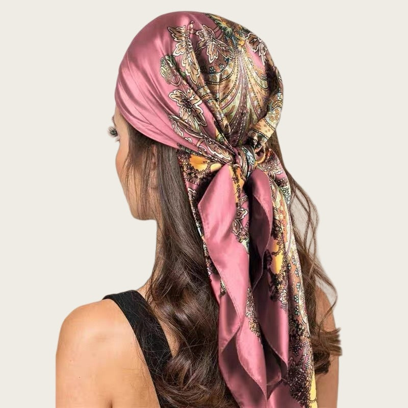 Satin square scarf for head in dusty rose with gold and paisley floral print