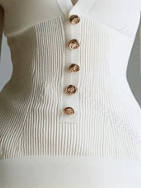 White ribbed knit mini dress close-up of gold button front and knit texture