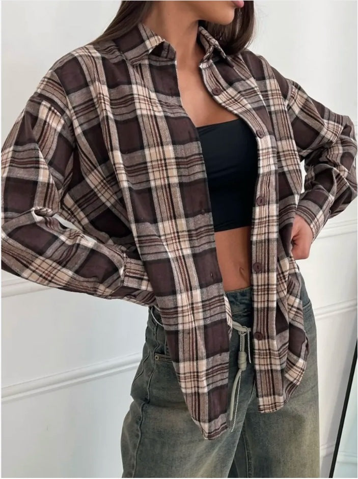 Flannel Shirt for Women — Oversized Plaid Layering Top with Curved Shirttail Hem