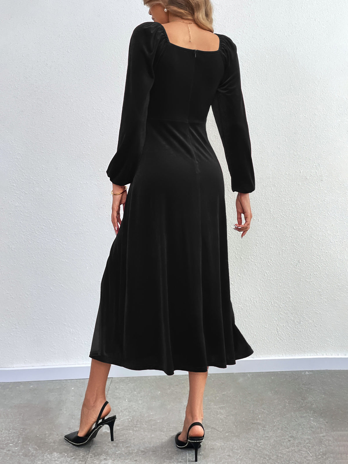 Velvet Midi Dress with Long Lantern Sleeves — Square Neck Cocktail Style with Side Slit