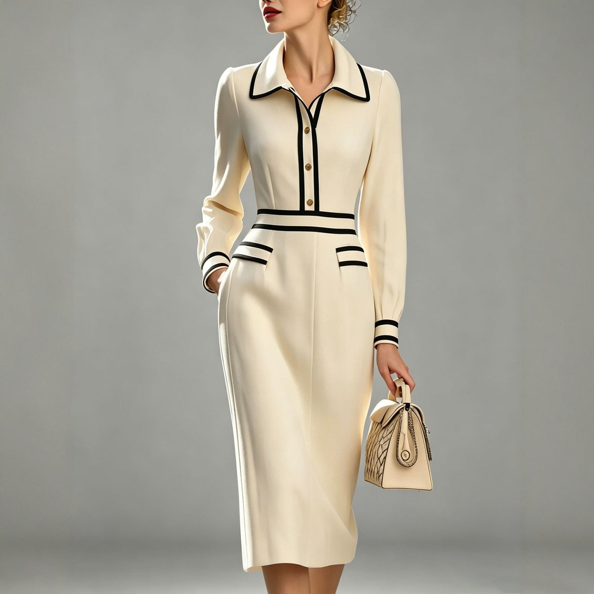 Ivory knit dress with contrasting black collar and button placket, striped waist band