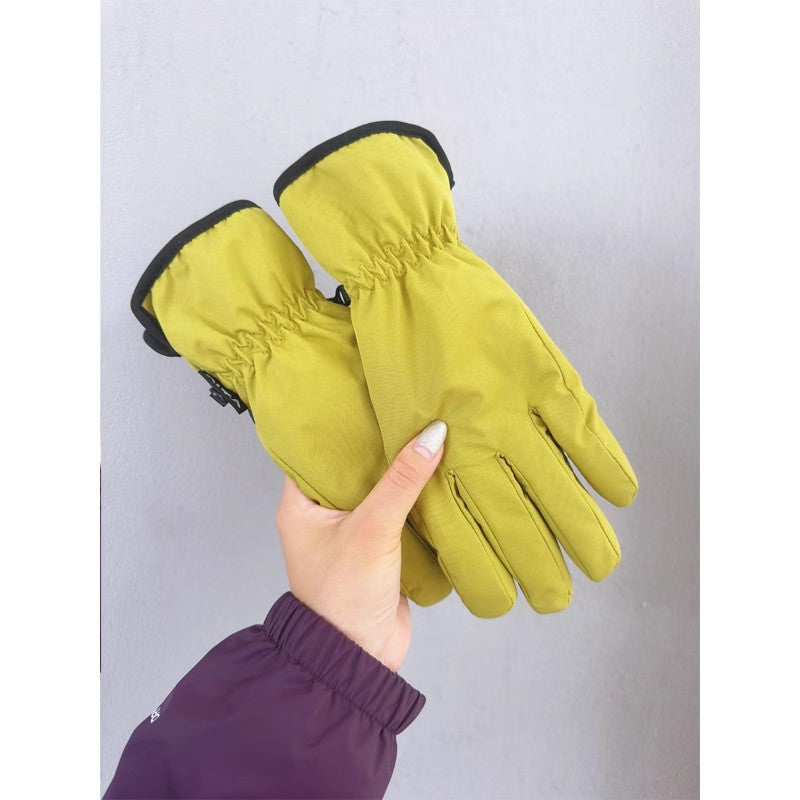 Yellow full-finger winter gloves held up, with black cuffs and finger stitching