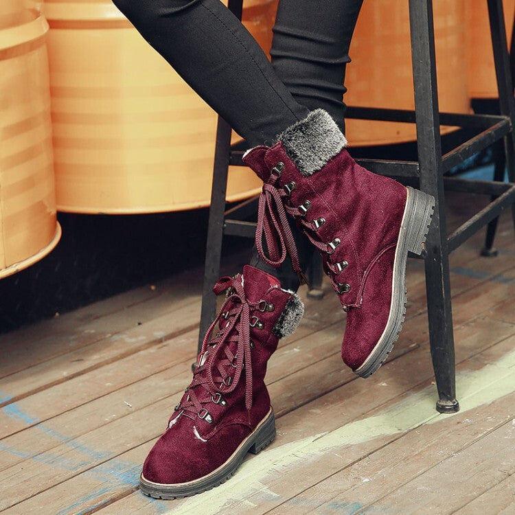 Wine red suede lace-up winter boots with faux fur cuff and chunky sole