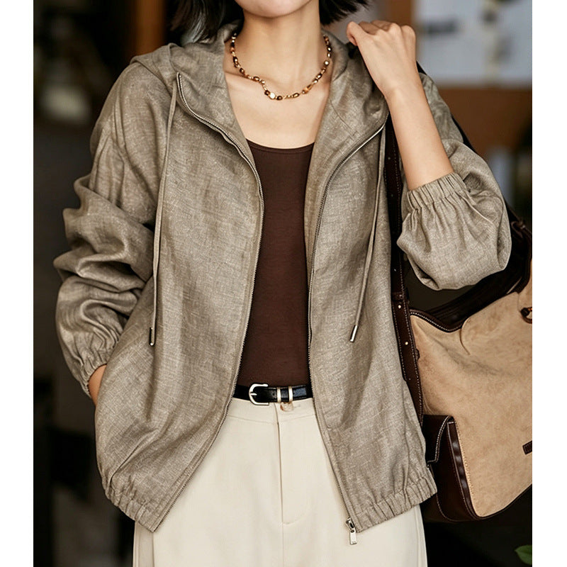 Light khaki gray linen zip-up hooded jacket with front zipper and drawstring hem