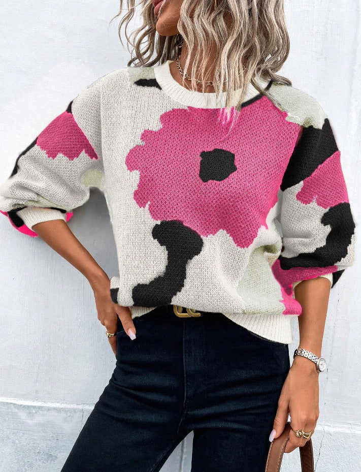 Women’s knitted pullover sweater, round neck, long sleeves, cream with pink and black camo pattern