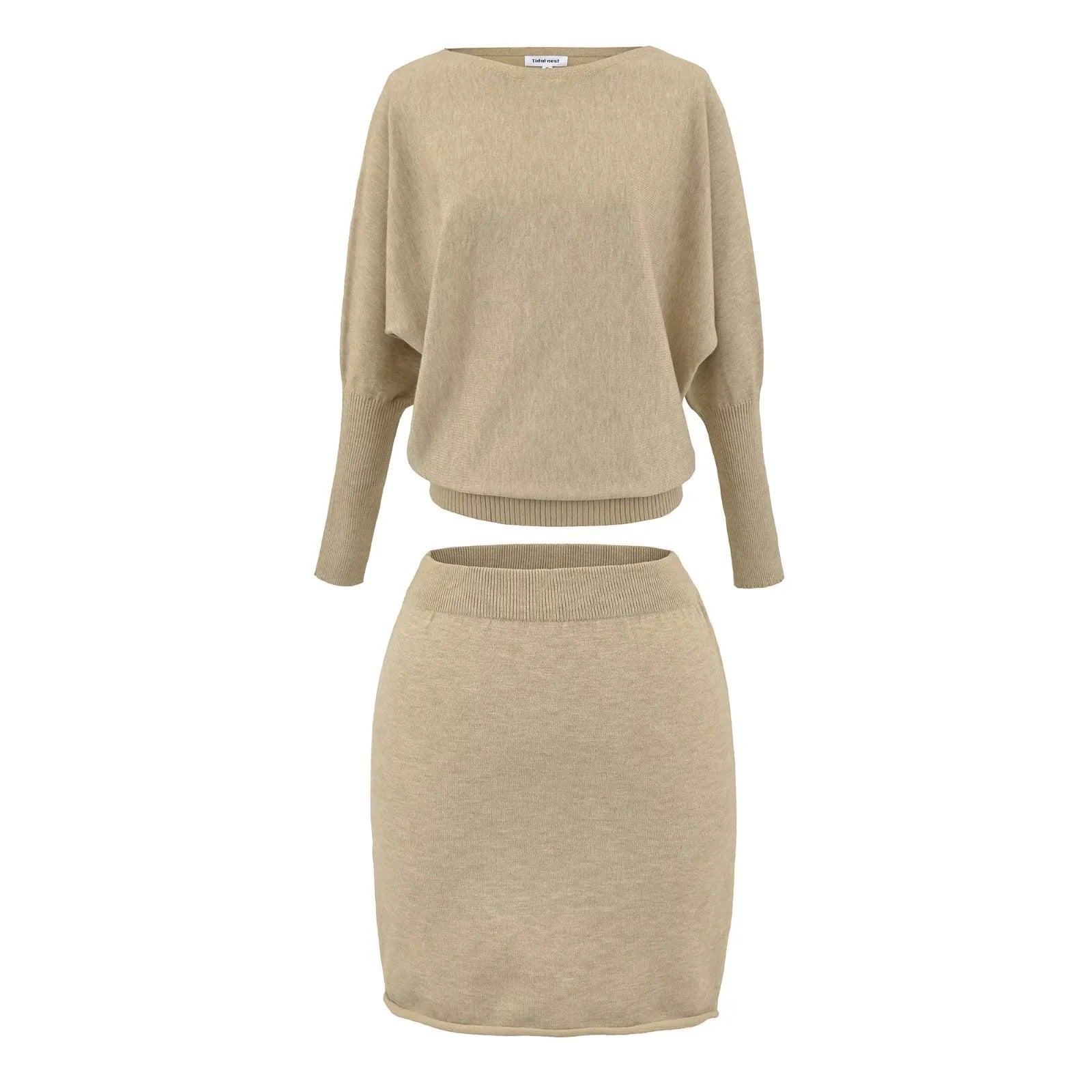 Khaki knitted off-shoulder sweater and hip skirt two-piece set