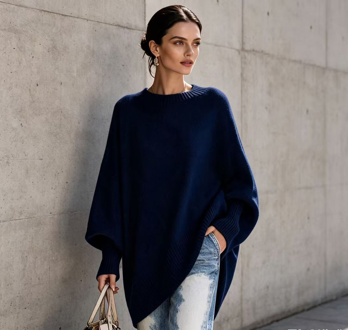 Women’s loose knit sweater, navy solid color, round neckline, wide drop sleeves