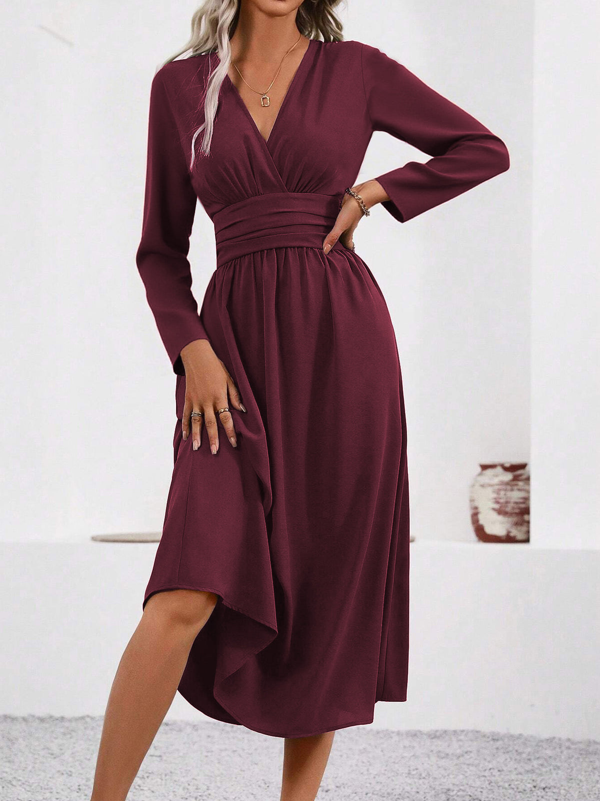 Long Sleeve Midi Dress — Surplice V Neck Pleated Style in Soft Woven Crepe