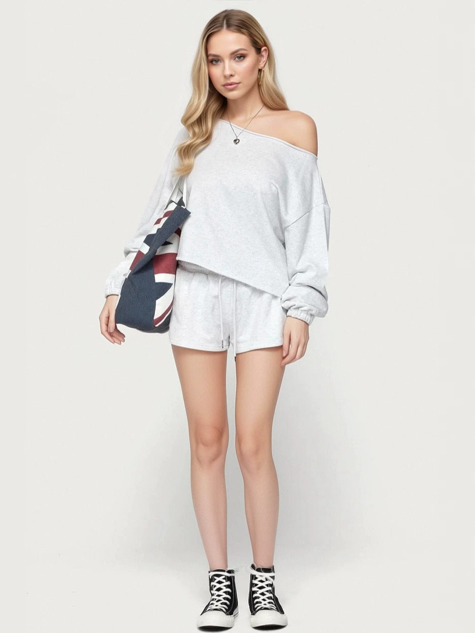 Light gray off-shoulder hoodie and drawstring shorts set, long sleeves