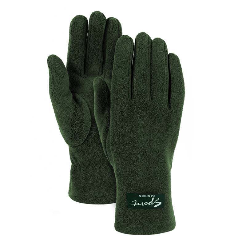 Fleece touch-screen gloves in dark green, full-finger design with padded palms