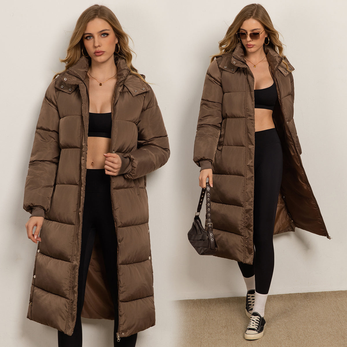 Women's mocha-brown long padded coat with hood, button front and side pockets