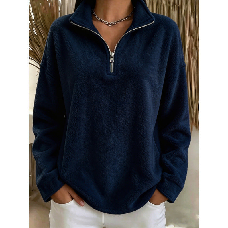 Women's fleece pullover with quarter-zip stand collar, dark blue