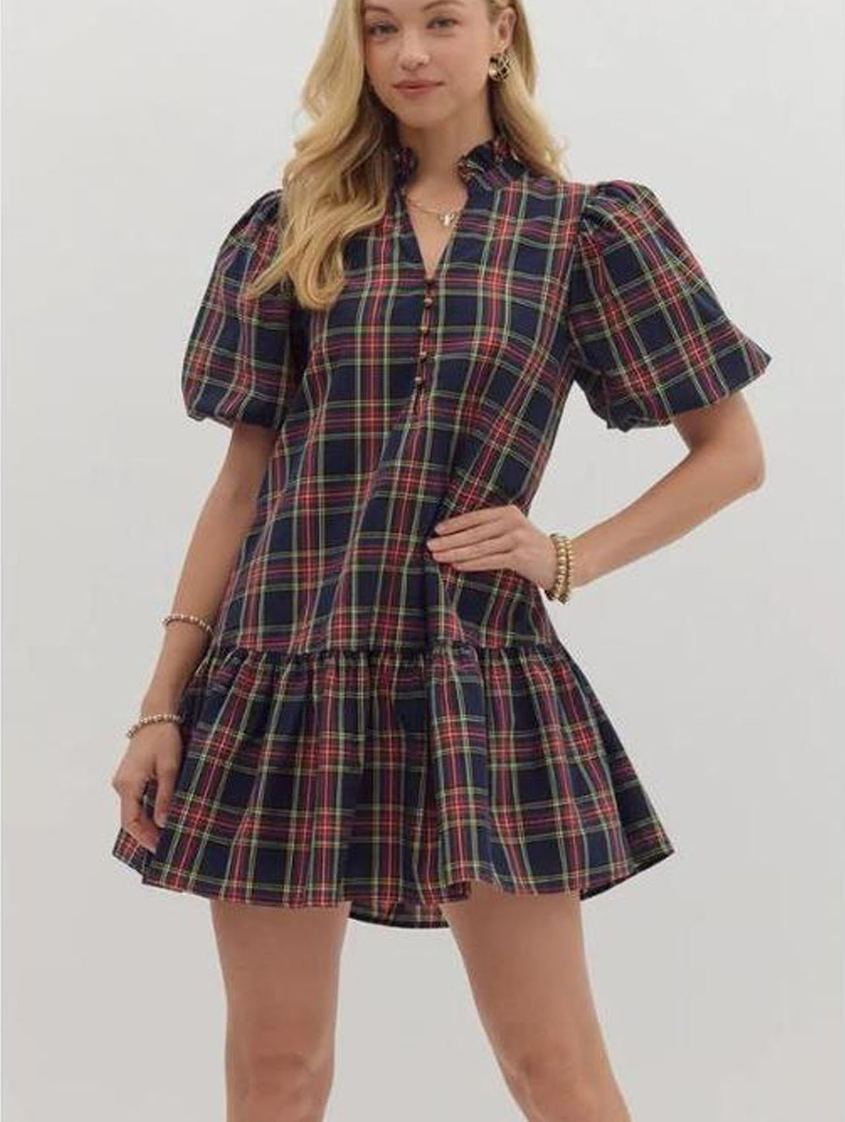 Navy plaid short-sleeve A-line dress with button front and tiered skirt, gathered waist