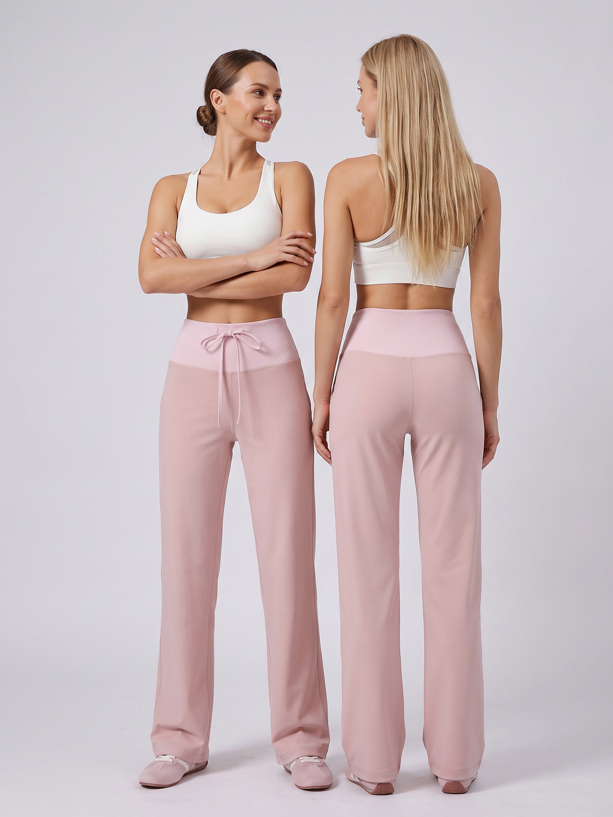 Women's high-waist drawstring straight-leg pants, light pink with elastic waistband