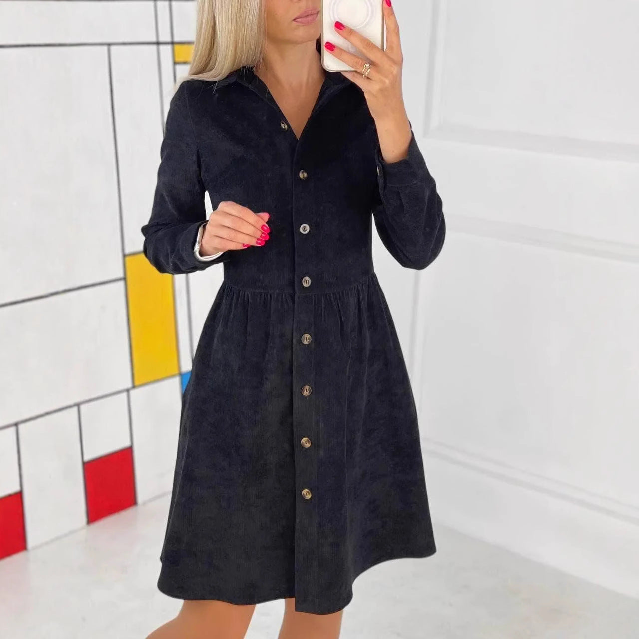 Corduroy Shirt Dress in a Flared Mini Cut — Long Sleeve Button Front for Fall