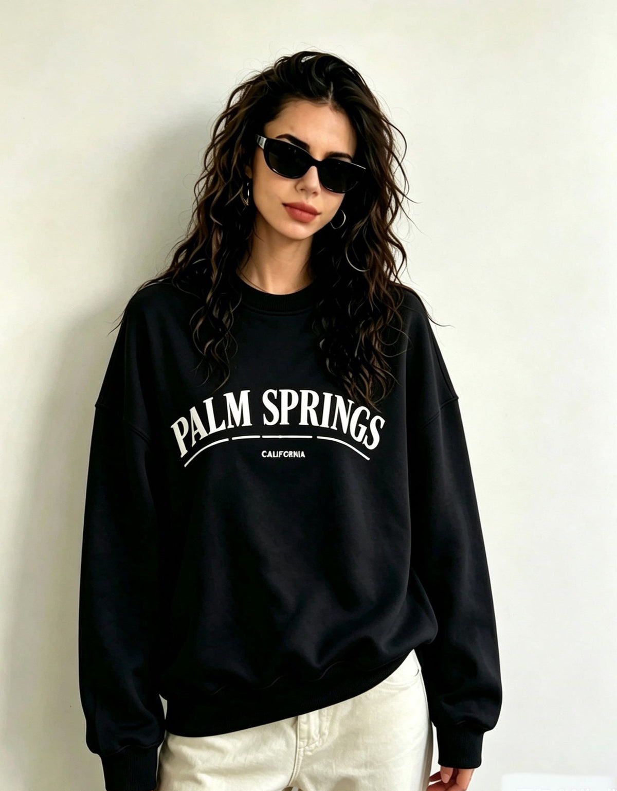 Oversized Graphic Sweatshirt for Women — Palm Springs Print Crewneck in Cotton Fleece