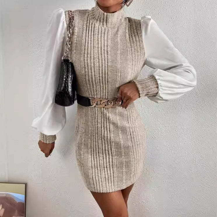 Ribbed Knit Mini Dress — Mock Neck Bodycon with Contrast Poplin Balloon Sleeves