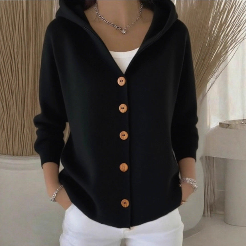 Black hooded knit cardigan with button-front placket and long sleeves