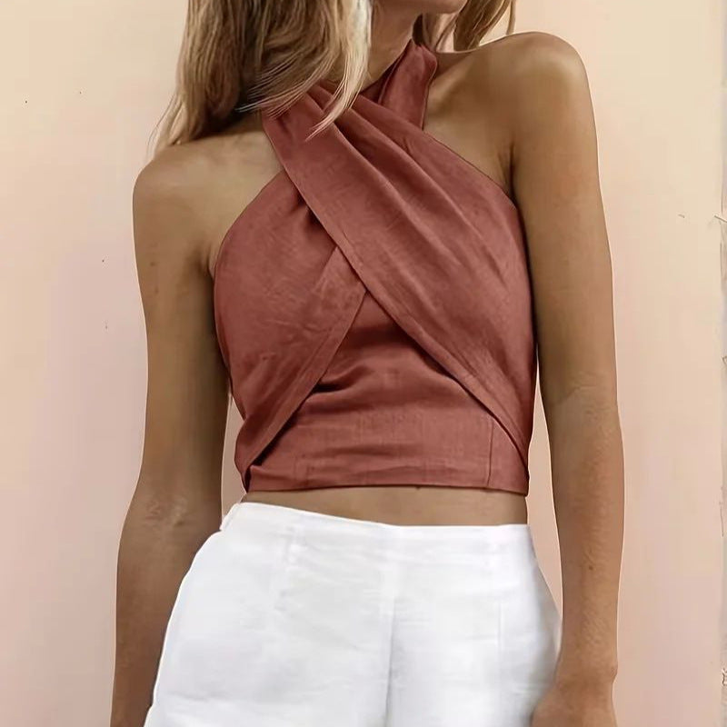 Cotton crop halter neck top with cross wrap front, sleeveless, rose-pink
