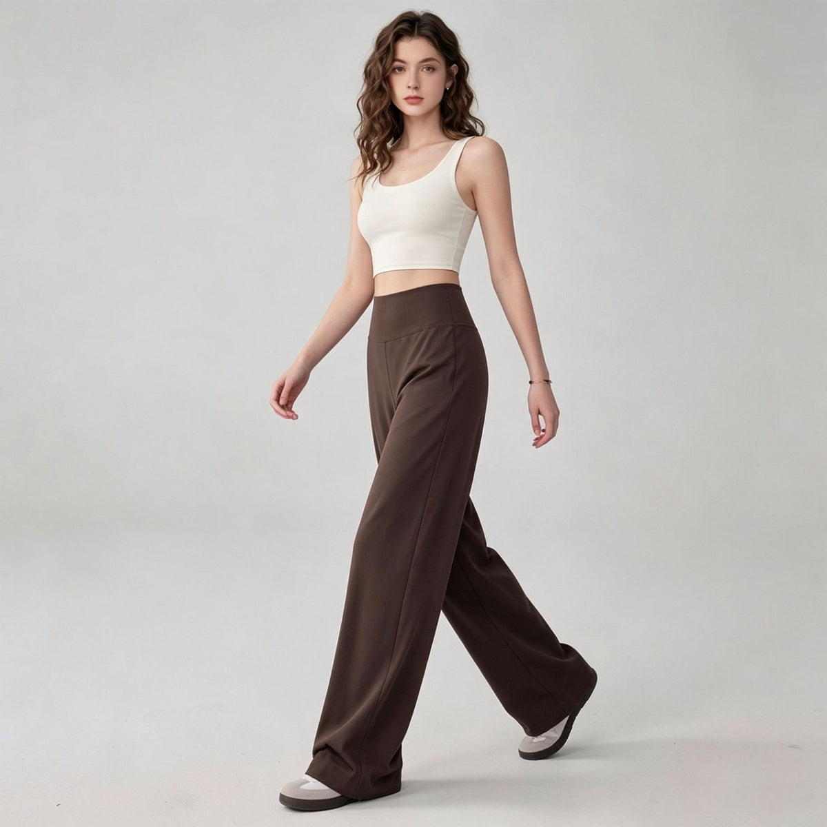 High-waisted wide-leg yoga pants in dark brown, straight-to-flare silhouette