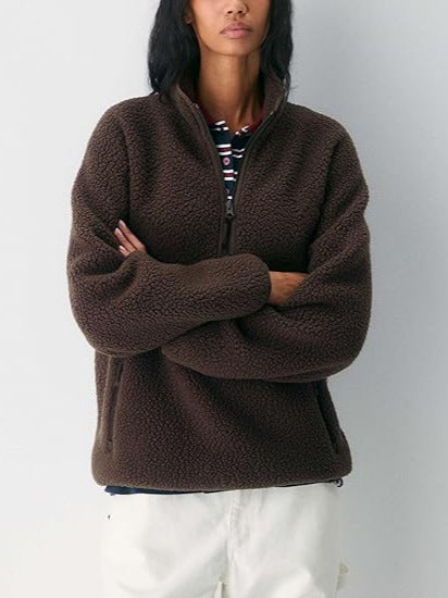 Women's fleece quarter-zip pullover, dark brown, long sleeves, half-zip front
