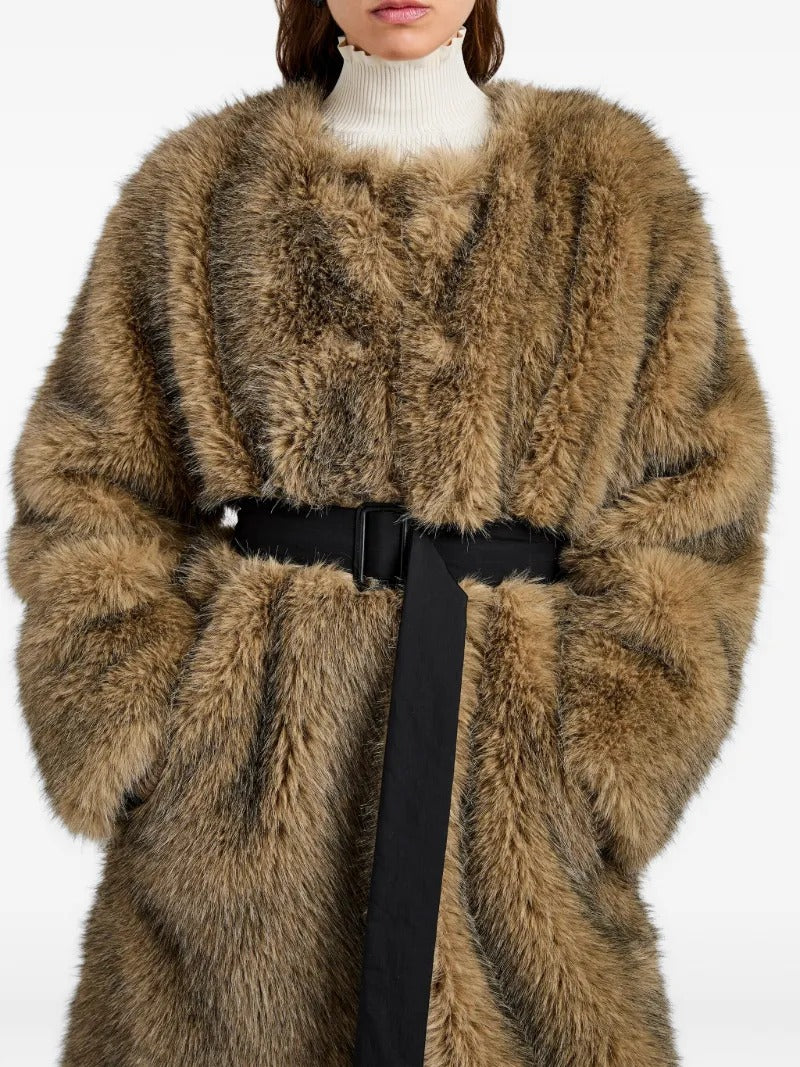 Brown faux fur long coat with round neck and black tie-belt, thick plush texture