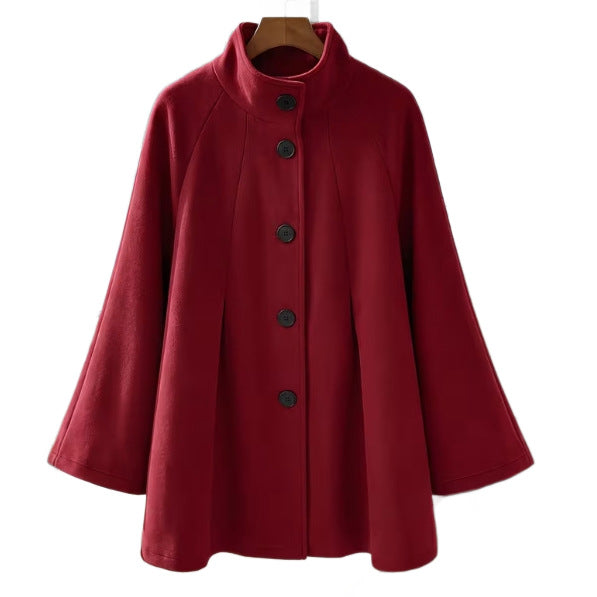 Wine red wool coat on hanger with stand-up collar and button-up front, A-line cut