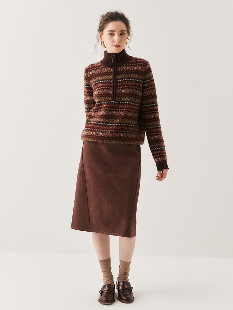 Women's Fair Isle knit sweater coat with stand collar and zip front, striped jacquard