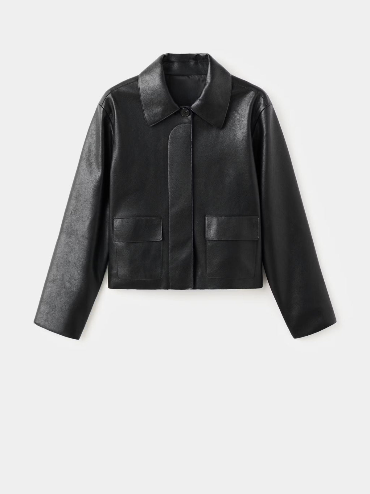 Women's black leather short jacket with stand collar, button front, chest pockets