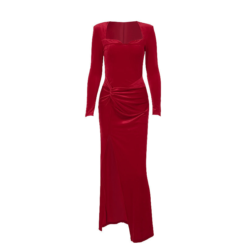 Red velvet long-sleeve dress with square neckline and ruched waist with front slit