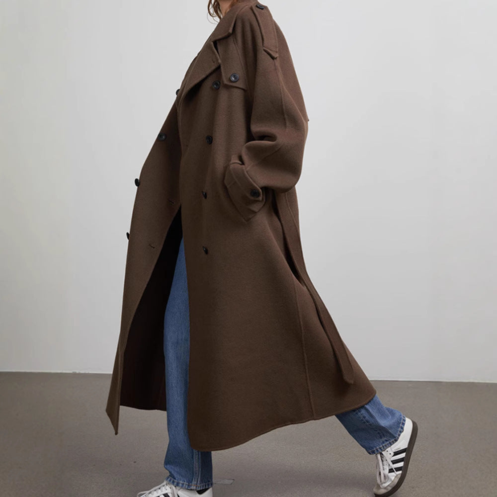 Long Wool Coat for Women — Oversized Double Breasted Belted Maxi Overcoat