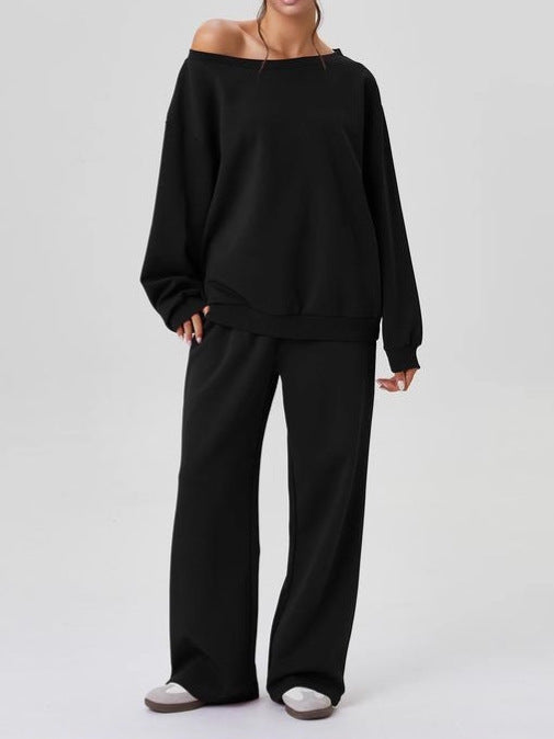 Black oblique-shoulder long-sleeve top and wide-leg pants two-piece set