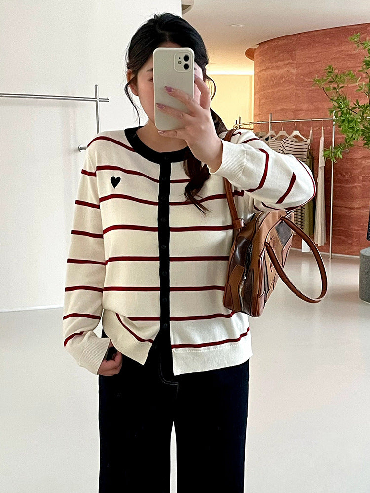 Striped Cardigan for Women — Button Front Knit with Contrast Trim in Soft Cotton