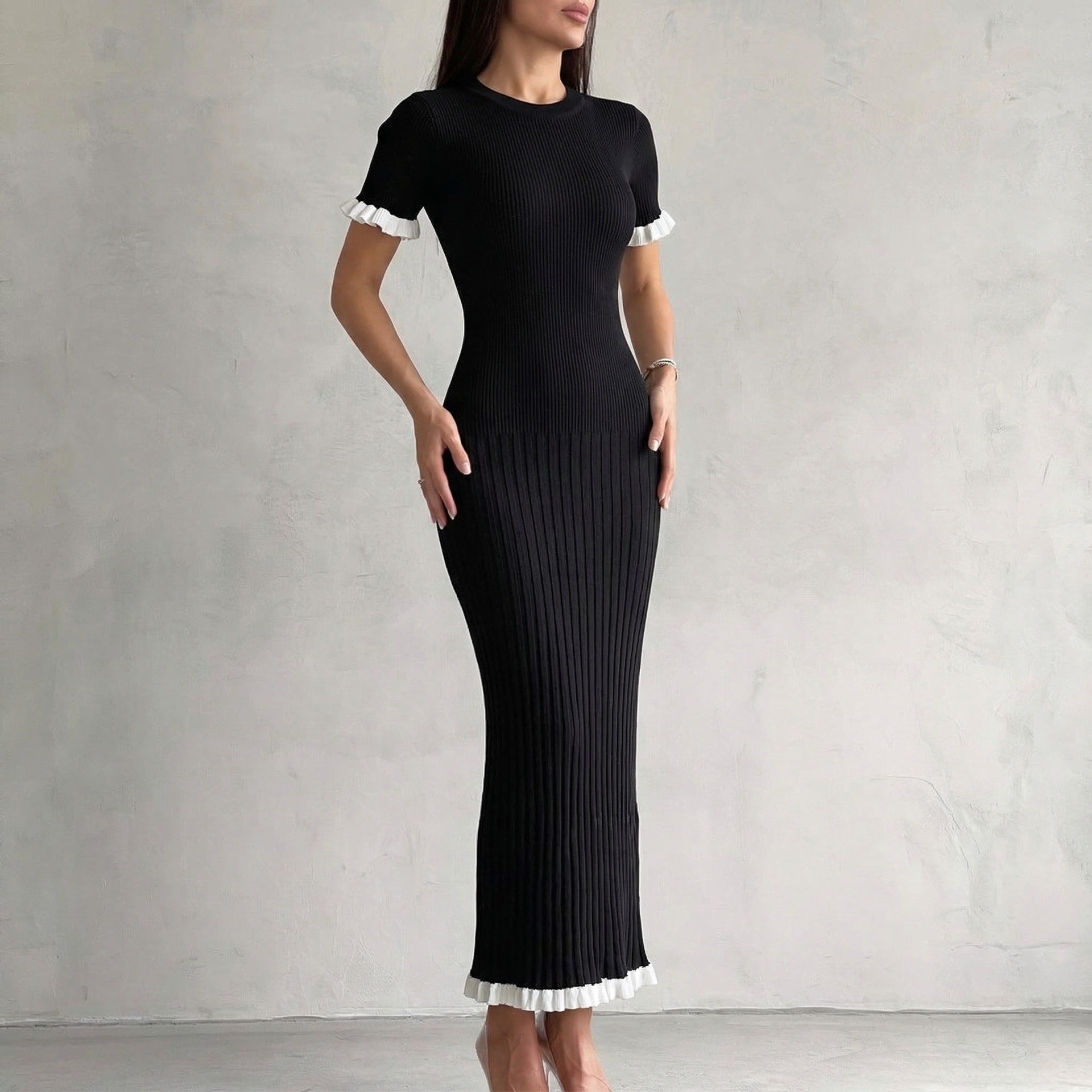 Ribbed bodycon midi dress, black with white contrast ruffle trim at sleeves and hem
